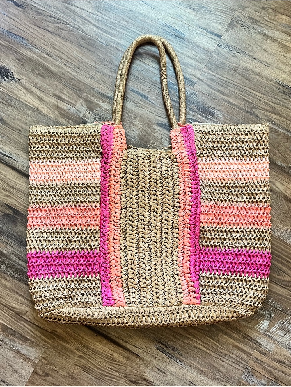 Striped Straw Tote Bag with Pink and Orange Accents